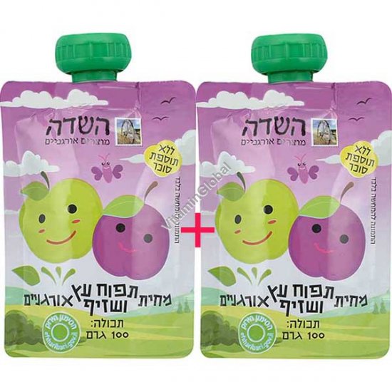 מבצע זוגות! מחית תפוח עץ ושזיף אורגניים 200 גרם (100+100 גרם) - השדה